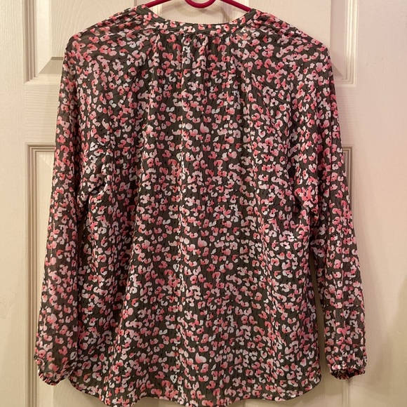 J Crew Blouse Olive Green with Floral Print of Pink White Black V Neck WM SZ XS - Picture 9 of 13